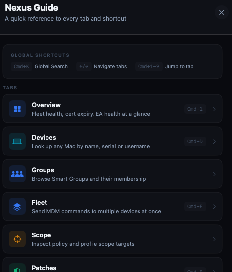 Nexus in-app guide showing keyboard shortcuts